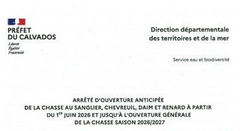 06.05.2026 Arrêté préfectoral / ouverture anticipée de la chasse au 1er juin 2026